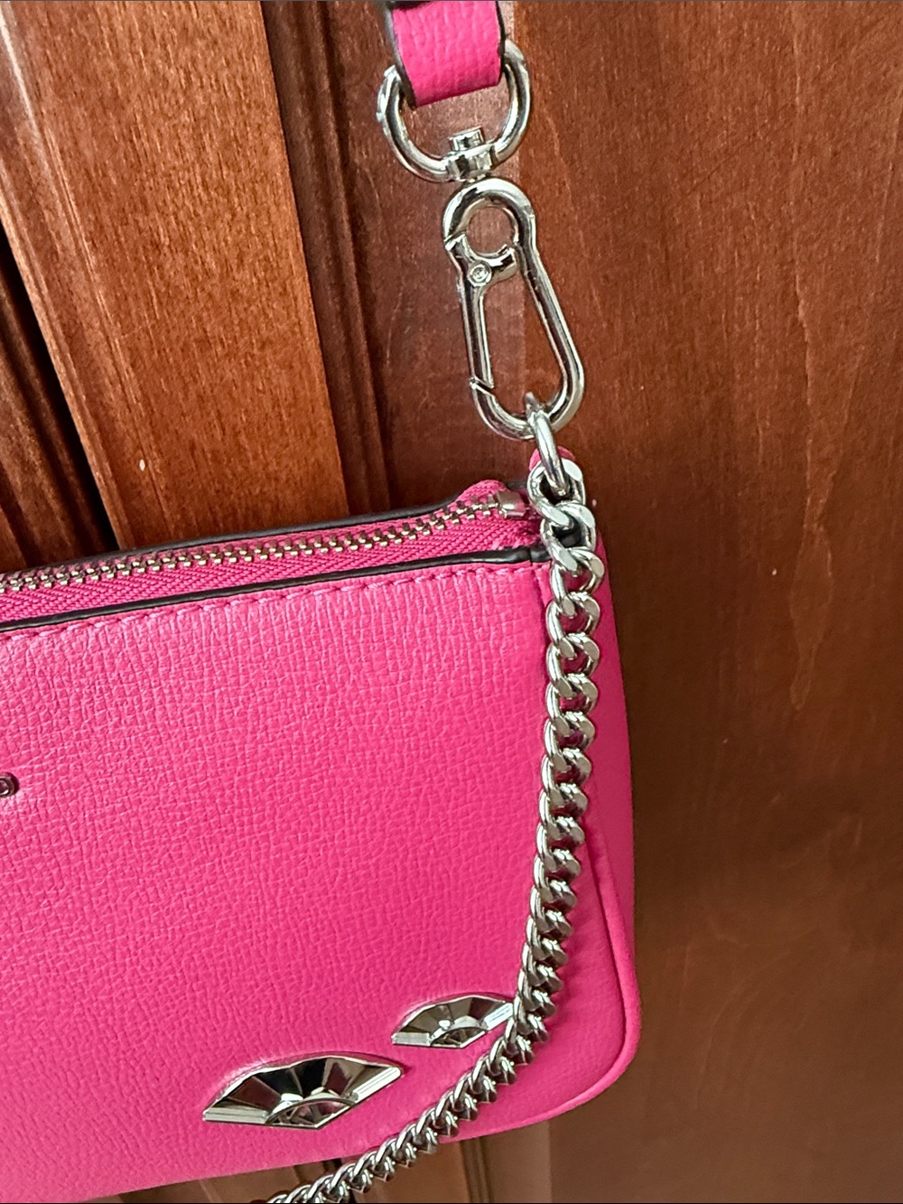 KARL LAGERFELD NWT Fuchsia Leather Crossbody with Silver Chain - Picture 5 of 10